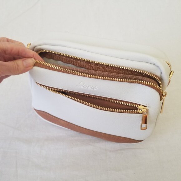 NWOT! White and Brown Faux Leather Purse Shoulder Crossbody Bag w/Detach Strap - Picture 4 of 7